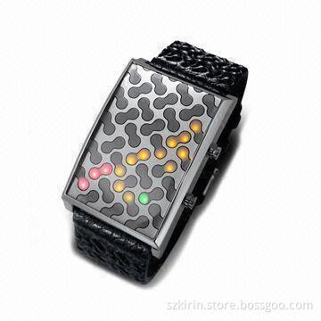 Binary Watch, Alloy Electroplate Case, Leather Bracelet, Colorful LED Movement